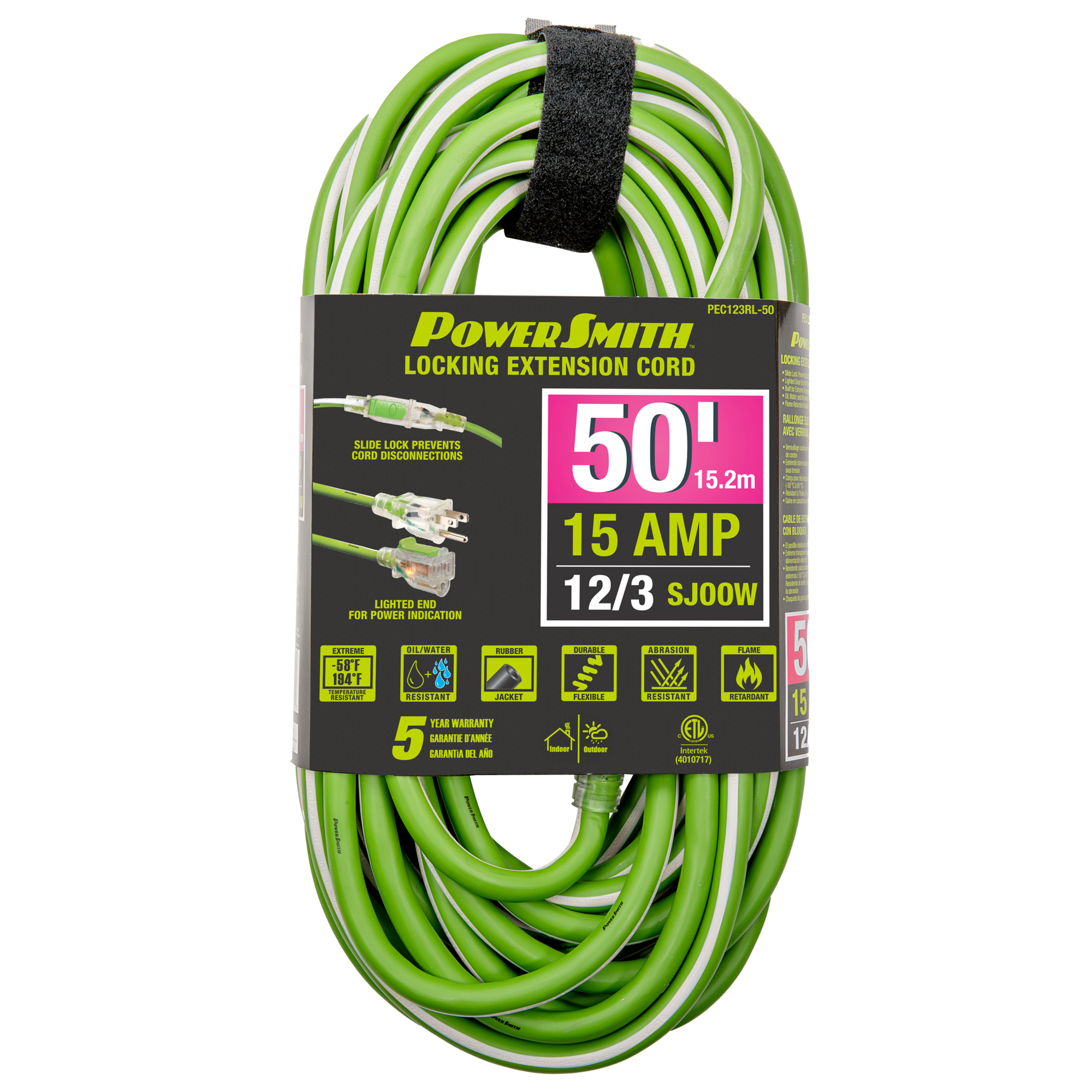 PowerSmith Heavy Duty Extension Cord — 50ft., 12/3, All-Weather, Lighted End, Model# PEC123RL-50